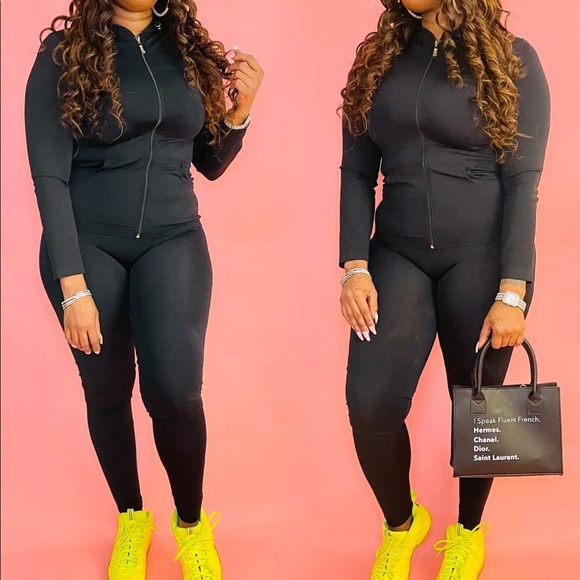 NEW FALL TRENDY BLACK TWO PIECE ZIP HOODIE LEGGINGS SET - Picture 3 of 5